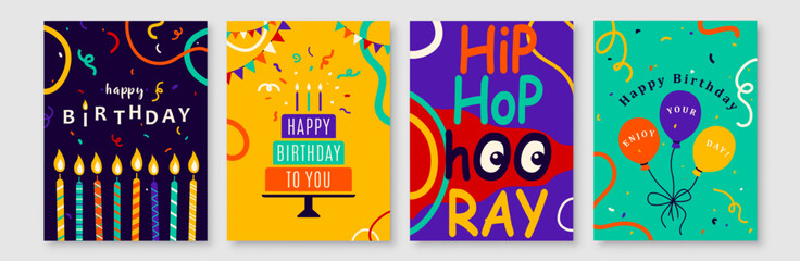 Naklejka premium Happy birthday vector illustration. Birth greeting card, celebrate poster, banner with birthday cake, confetti and balloon in colorful minimalist lines