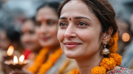 Indian woman with long dark hair, wearing traditional attire, smiles during Diwali puja. Devotees hold diyas and flowers at an altar for goddess Lakshmi worship.