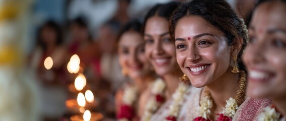 Indian women participate in a Diwali puja, smiling and adorned with flowers. Diyas and oil lamps illuminate the altar, a festive atmosphere. Wide-format banner with copy space