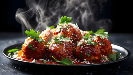 A steaming plate of meatballs smothered in rich tomato sauce, topped with fresh parsley and a sprinkle of grated cheese. The dark background accentuates the vibrant red and green hues, making the dish