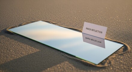 Discover profound self-awareness and clarity with inner reflection, a mirrored card on sun-kissed sand beckons introspection and mindfulness, inviting you to explore your soul's depths
