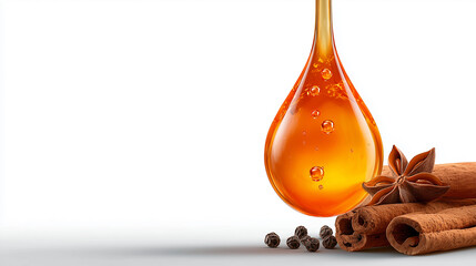 Golden droplet of essential oil with cinnamon sticks and spices beside.