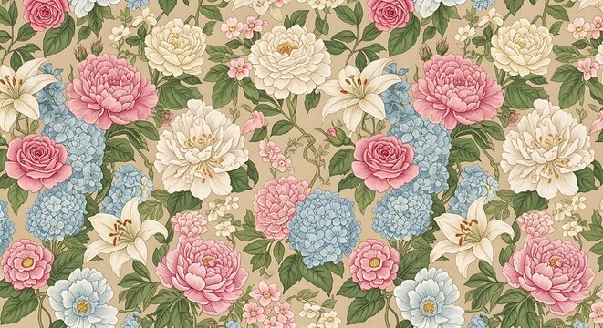 Floral Pattern with Roses, Hydrangeas, and Lilies on Beige Background.