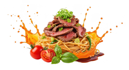 Delicious spaghetti with sliced steak and fresh vegetables, a culinary masterpiece