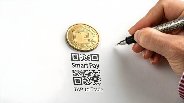 A coin and QR code representing digital payment - Powered by Adobe