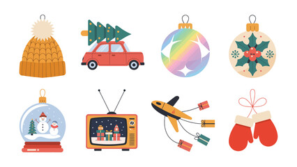 Christmas Ornament Collection: A delightful ensemble of festive ornaments, including a cozy hat, a car carrying a Christmas tree, colorful ball and snowflakes, festive snow globe, a retro television.