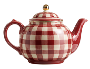Close up of a red and white checkered teapot with a gold knob on top isolated on transparent background