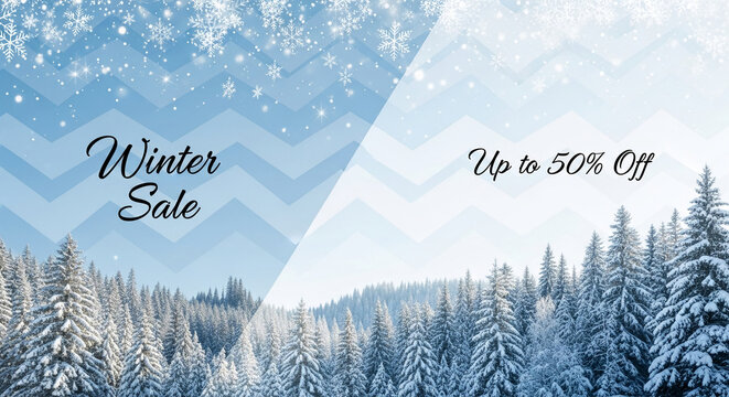 Winter scene featuring snow-covered pine tree, snowflakes and light blue chevron pattern, showcasing a festive winter sale event with discount offer. - Powered by Adobe