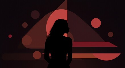 Silhouette of a woman against geometric shapes and red circles