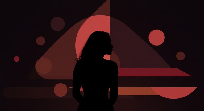 Silhouette of a woman against geometric shapes and red circles