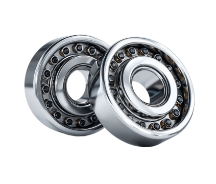 A close up of two shiny metal bearings on a isolated on transparent background