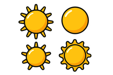 Sunny symbols in bright yellow showing various sun shapes and designs for cheerful summer vibes