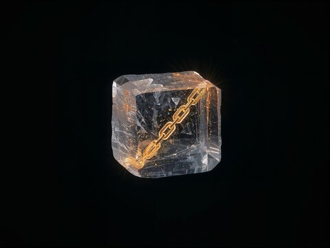  Digital Blockchain Concept with Gold Chain in Crystal