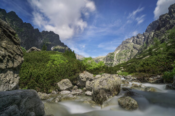 View of the crisp, clear stream cascading over rocks, embraced by lush greenery and towering mountains under a vast sky in Vysoke Tatry, Presov Region, Slovakia.