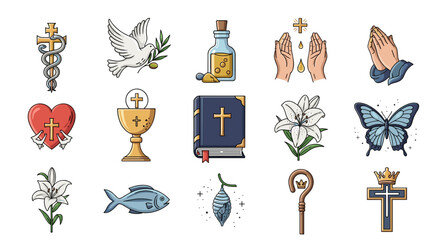 Christian symbols vector artwork featuring dove, bible, cross, chalice, and other religious icons