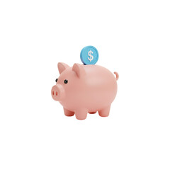 Obraz premium Pink 3D rendered piggy bank with a blue coin with a dollar sign on a background money box isolated on a transparent background