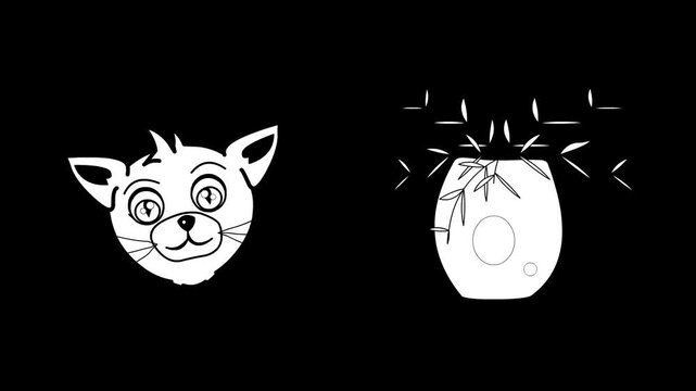 Cartoon animation of a plant pot and a cat's head in black and white on a black background, artistic drawing.