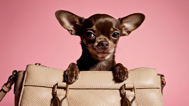 Adorable dog proudly sits atop stylish purse with paws perched on handle, conceptually representing unconditional love and companionship, perfect for commercial uses highlighting special bond.