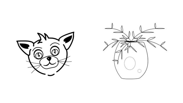 Cartoon animation of a plant pot and a cat's head in black and white, artistic drawing.