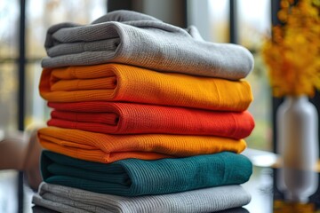Stack of folded plain hoodies in different solid colors on bright clean background, minimalist e-commerce apparel photo
