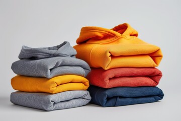 Stack of cozy cotton hoodies in multiple solid colors, bright clean studio background, minimalist e-commerce product photo
