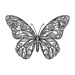 Vector line art of butterfly wings formed from floral patterns, with detailed symmetry