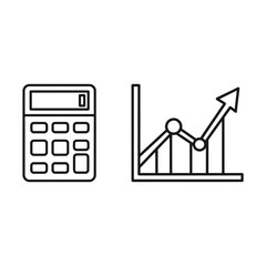 Fototapeta premium Black line art calculator and upward trending graph on white background chart finance