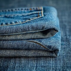 Classic blue jeans folded on plain background, minimalist apparel product photo with detailed fabric texture and studio lighting