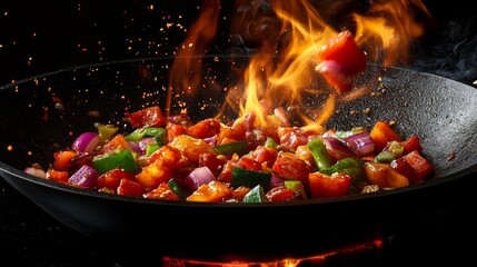 A hot dish made from vegetables and meat, stir-fried in a wok with fire and sparks.
It perfectly complements Asian cuisine recipes, cooking master classes and kitchenware advertising.