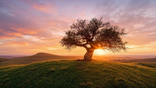 Lone Tree Silhouette on Hill at Sunset
