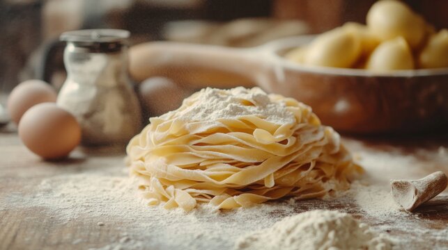 Fresh homemade pasta sprinkled with flour next to eggs and ingredients on a wooden table.
Use for articles about home cooking, pasta recipes, cooking blogs, and advertising cooking classes.