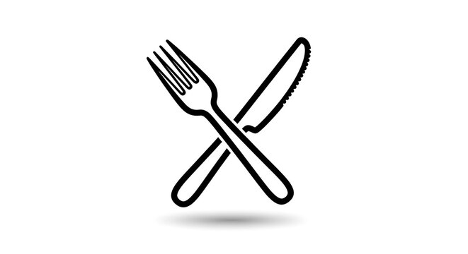 Simple line drawing of a fork and knife crossed together isolated on white background