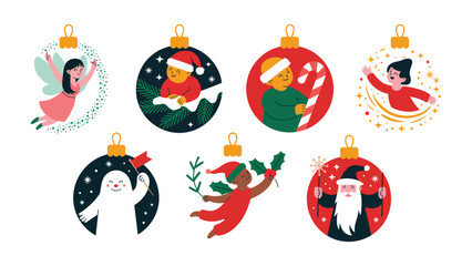 Fototapeta premium Holiday Ornament Decorations: A collection of delightful ornaments, each a unique festive scene, depicting holiday characters in cheerful settings, perfect for spreading holiday cheer.