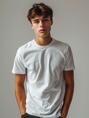 Male model wearing plain white t-shirt standing against light gray background, minimalist e-commerce fashion photo