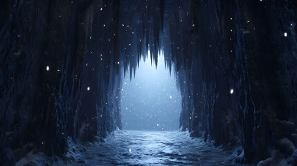 A dark icy cave passage filled with falling snow and illuminated by a soft blue light at its end