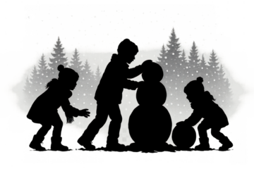 Children building snowman outdoors, playing in winter snow during snowfall, showing teamwork and friendship on transparent background