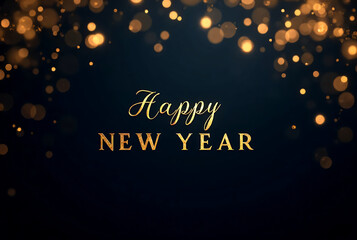 Elegant Happy New Year greeting with golden bokeh lights on dark background