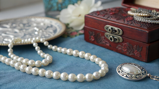 Vintage wooden box with pearl jewelry and luxury accessories for fashion glamour antique and treasure visuals