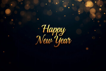 Elegant Happy New Year greeting with golden bokeh lights on dark background