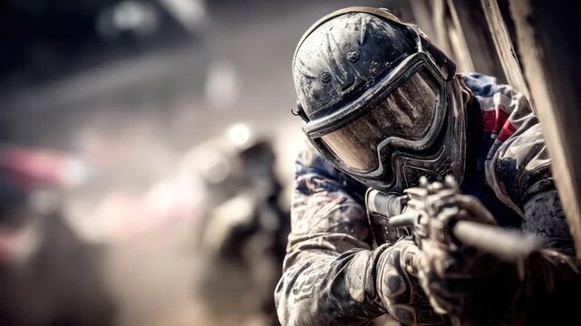 Close-up of a paintball player in action, focused on a tactical stance and gear