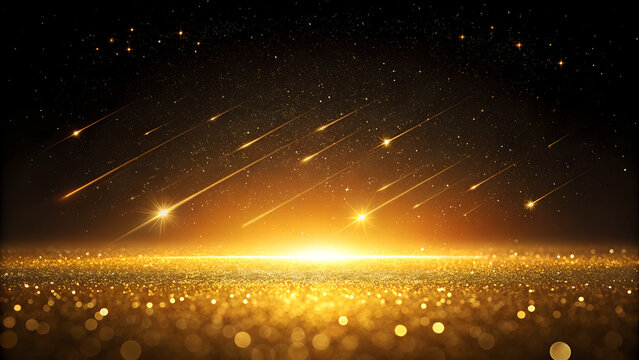 background of abstract black and gold glitter lights with fireworks. defocused