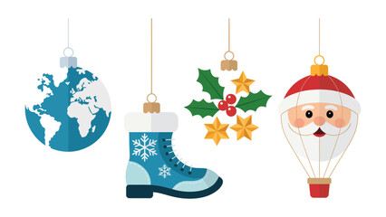 Festive Ornaments Collection: A delightful collection of holiday ornaments, including a globe, a winter boot, a holly berry star, and Santa Claus hot air balloon, evoking the spirit of the season.