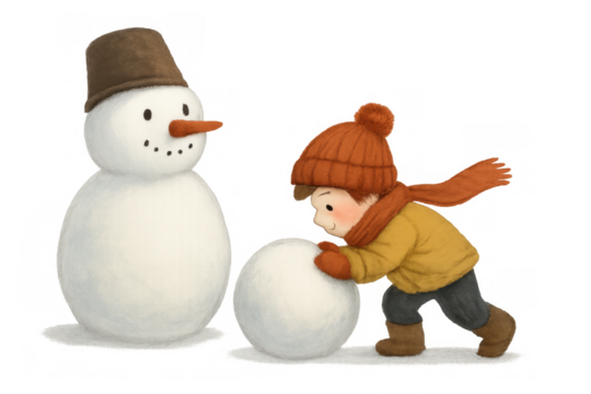 Boy making snowman, playing in winter, childhood fun, outdoor activity, white snow, transparent background