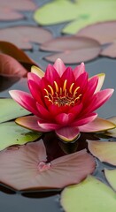 Crimson Water Lily in Serene Pond - A Floral Masterpiece.