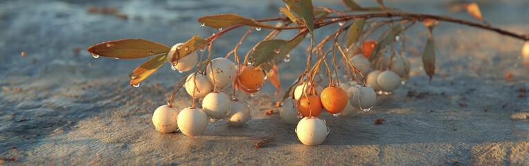 Closeup Of Wet Berries On Branch In Sunlight