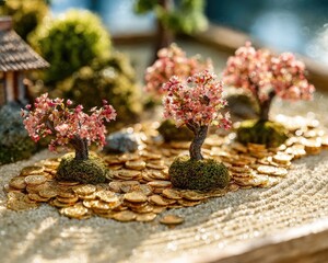 Miniature Japanese Garden With Cherry Blossoms And Gold Coins