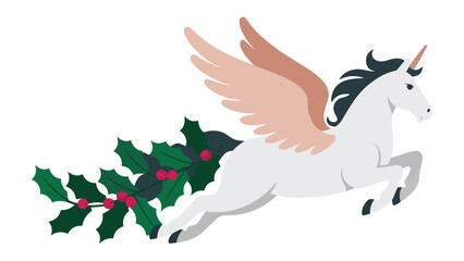 Naklejka premium Celestial Festive Pegasus: A whimsical illustration of a winged unicorn, soaring through a winter wonderland with a garland of holly, embodying a joyful celebration.