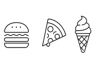 Delicious fast food icons featuring a burger, pizza slice, and ice cream cone in a simple design
