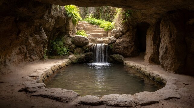 A serene grotto features a stone pool with a small waterfall cascading down steps under natural light