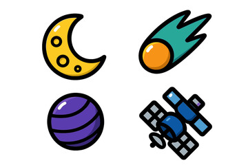 Colorful space-themed icons featuring a crescent moon, comet, planet, and satellite in a playful design for educational purposes